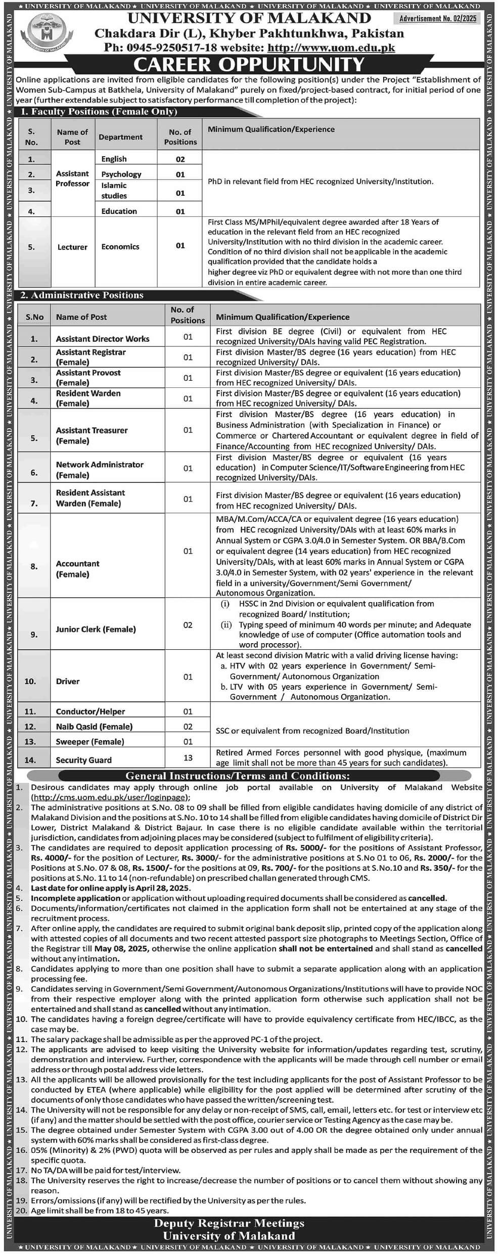 UNIVERSITY OF MALAKAND, WOMEN SUB-CAMPUS AT BATKHELA PROJECT FACULTY & ADMINSTRATIVE POSITIONS ADVERTISEMENT NO. 02/2025