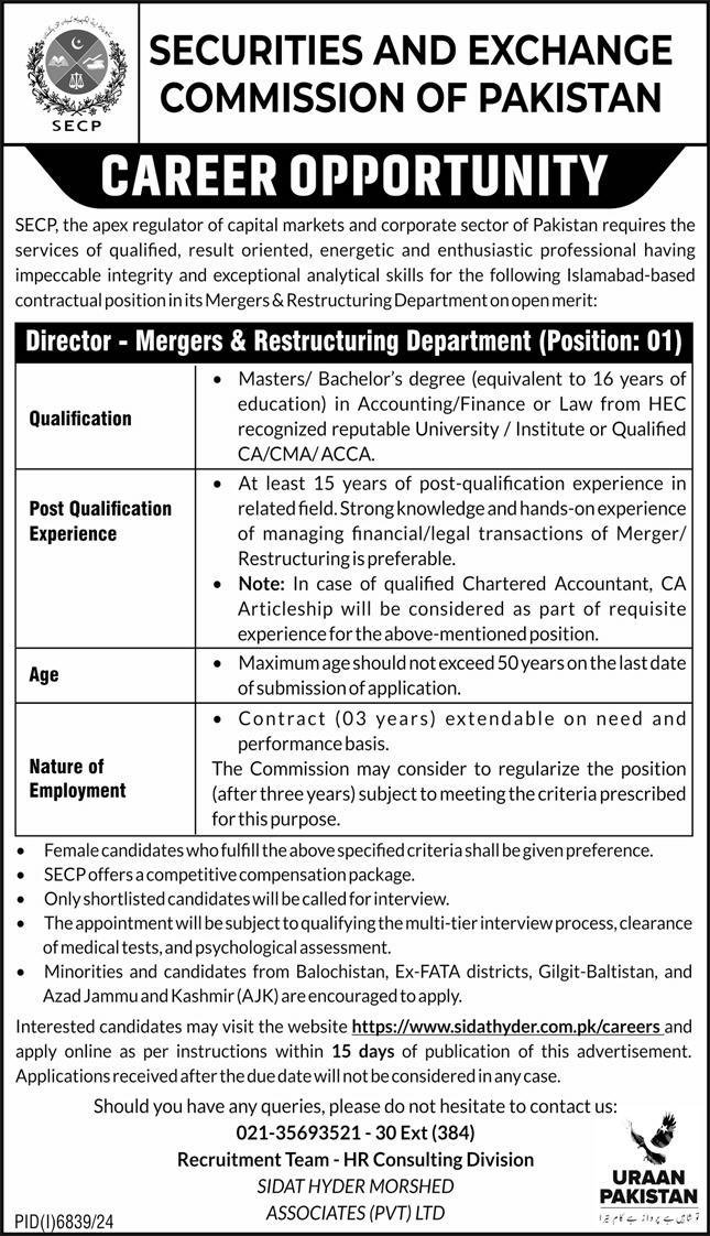 SECURITIES & EXCHANGE COMMISSION OF PAKISTAN | DIRECTOR MERGER & RESTRUCTURING SECP POSITION 04-2025