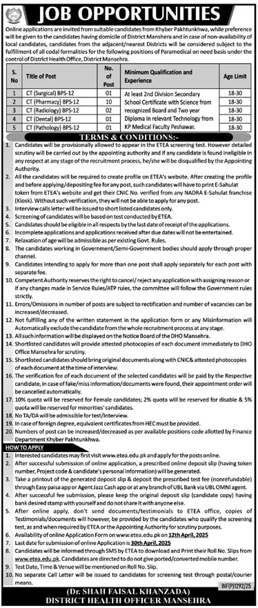 HEALTH DEPARTMENT KHYBER PAKHTUNKHWA | PARAMEDICAL & CLINICAL TECHNICIANS VACANCIES UNDER DHO MANSEHRA 04-2025