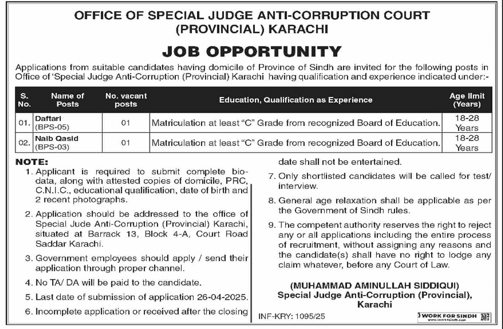 SPECIAL JUDGE ANTI-CORRUPTION (PROVINCIAL) KARACHI, COURT STAFF VACANCIES 04-2025
