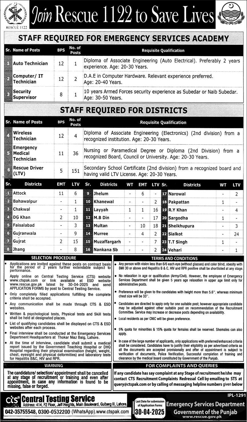 PUNJAB EMERGENCY SERVICES DEPARTMENT | JOIN RESCUE-1122 AS STAFF IN ACADEMY & DISTRICT LEVEL 04-2025