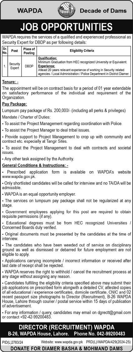 WATER & POWER DEVELOPMENT AUTHORITY | SECURITY EXPERT FOR DIAMER BASHA DAM, WAPDA VACANCIES 04-2025