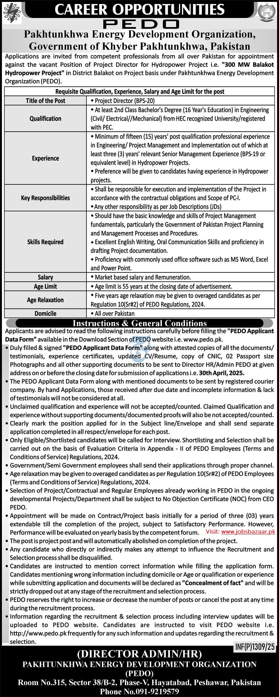 PAKHTUNKHWA ENERGY DEVELOPMENT ORGANIZATION | PROJECT DIRECTOR FOR 300MW BALAKOT HYDEROPOWER PROJECT PEDO POSITION 04-2025