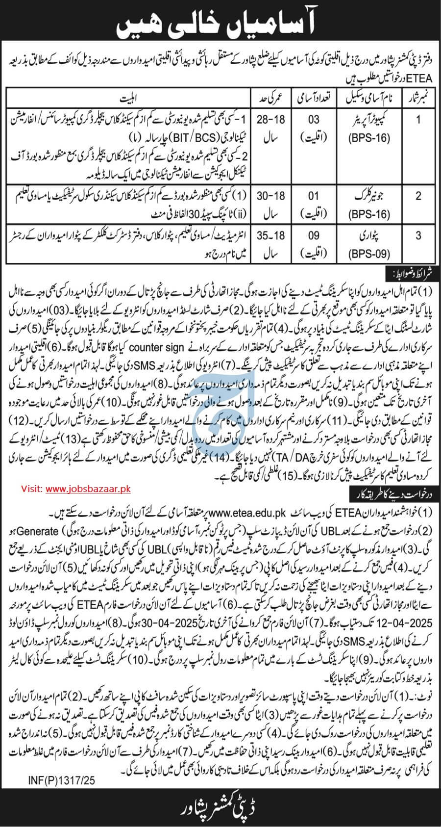 PATWARI & OFFICE STAFF MINORITY QUOTA VACANCIES AT DEPUTY COMMISSIONER, DC OFFICE PESHAWAR 04-2025