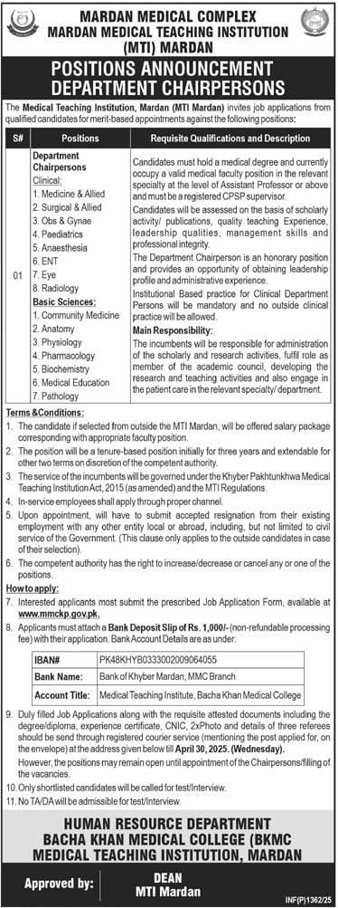 MARDAN MEDICAL COMPLEX & BACHA KHAN MEDICAL COLLEGE | CHAIRPERSONS CLINICAL & BASIC SCIENCES POSITIONS MTI-MMC/BKMC MARDAN 04-2025