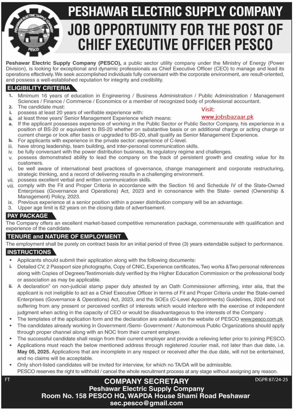 PESHAWAR ELECTRIC SUPPLY COMPANY | CHIEF EXECUTIVE OFFICER PESCO POSITION 04-2025