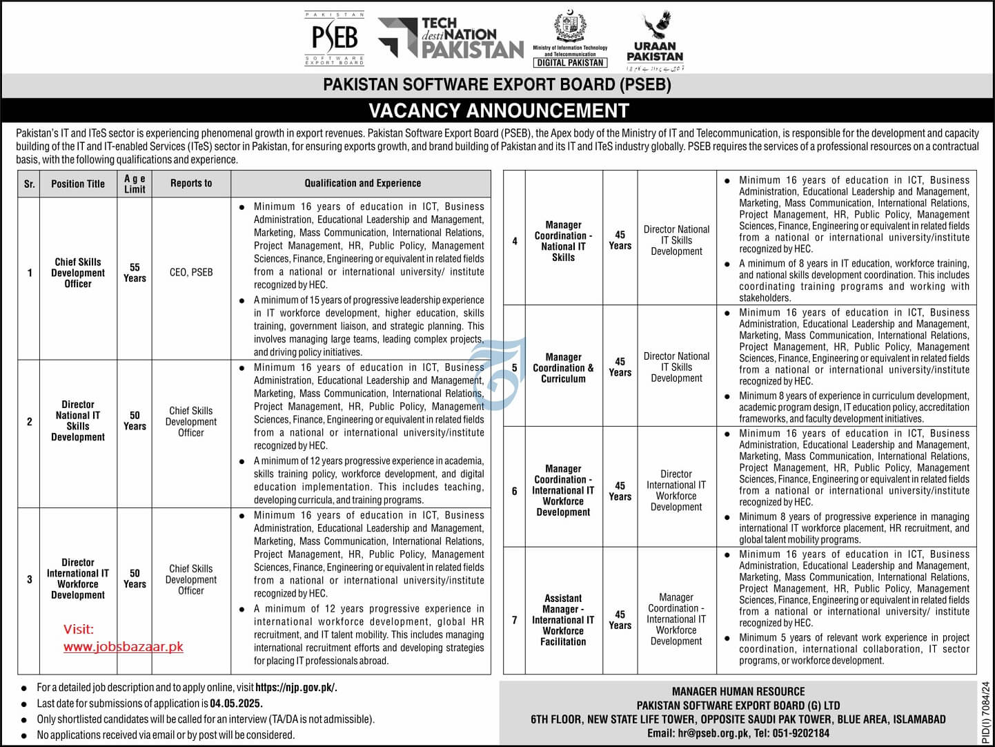 PAKISTAN SOFTWARE EXPORT BOARD | CHIEF, DIRECTOR & MANAGER PSEB POSITIONS VACANT 04-2025