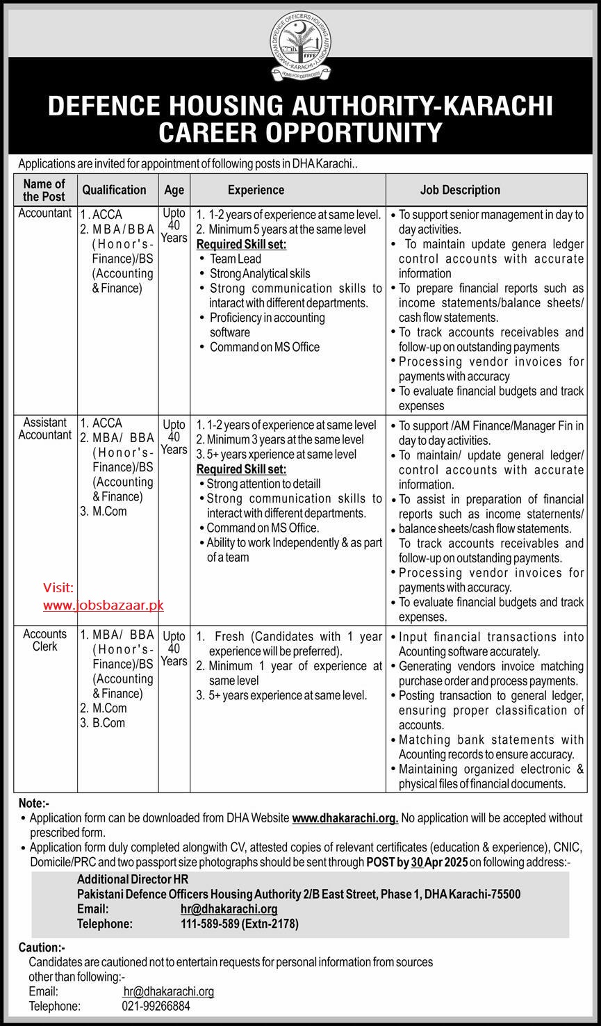 DEFENCE HOUSING AUTHORITY KARACHI, DHA KARACHI ACCOUNTANT VACANCIES 04-2025