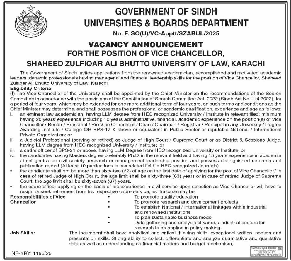 POSITION OF VICE-CHANCELLOR SHAHEED ZULFIQAR ALI BHUTTO UNIVERSITY OF LAW, KARACHI 04-2025