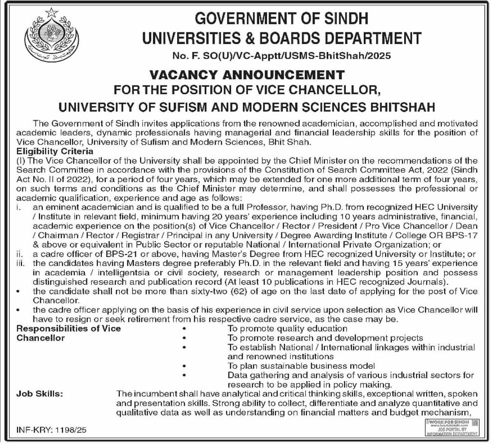 POSITION OF VICE-CHANCELLOR UNIVERSITY OF SUFISM & MODERN SCIENCES BHITSHAH 04-2025