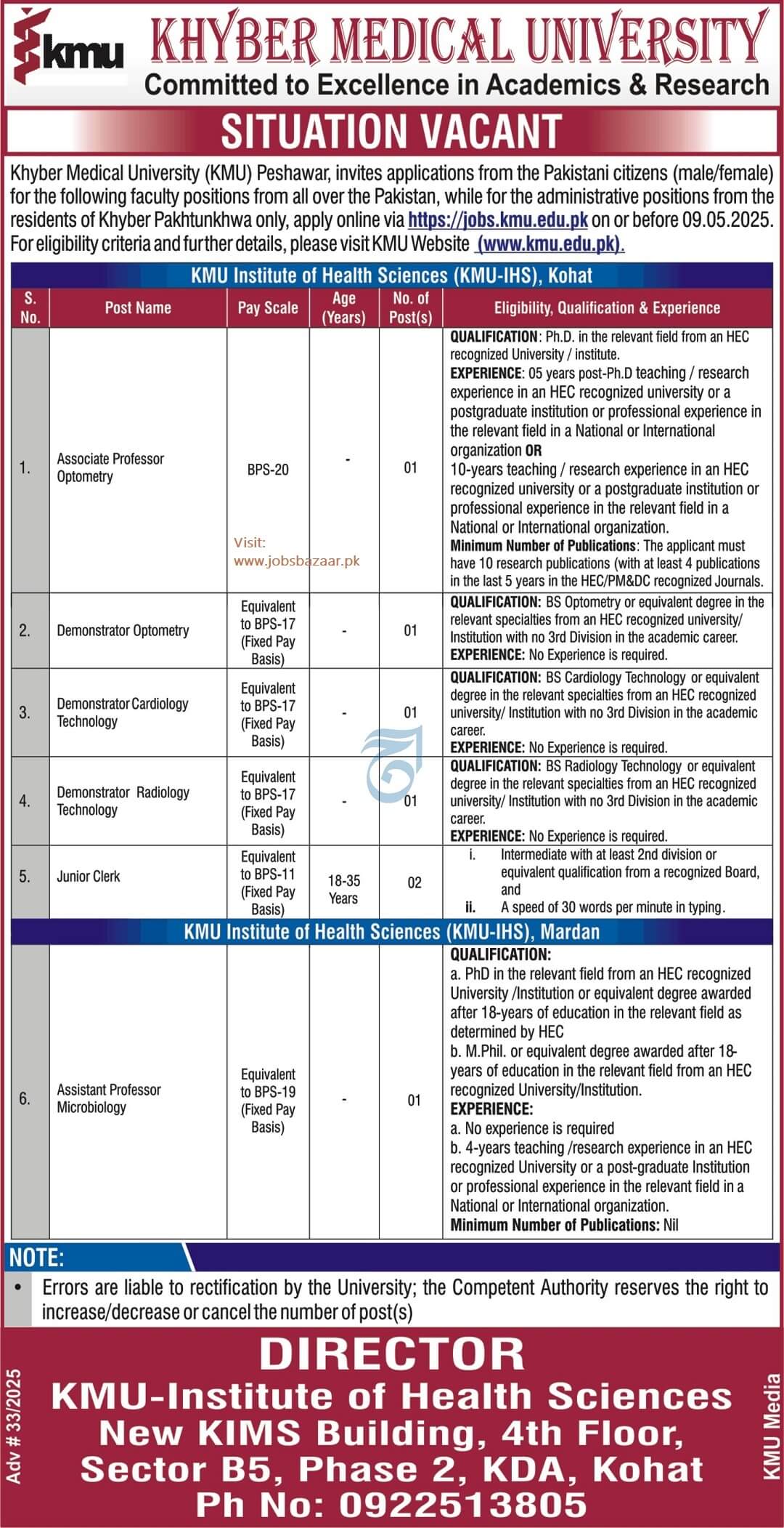 KHYBER MEDICAL UNIVERSITY, PESHAWAR | KMU-IHS KOHAT & MARDAN, FACULTY & OFFICE STAFF POSITIONS 04-2025