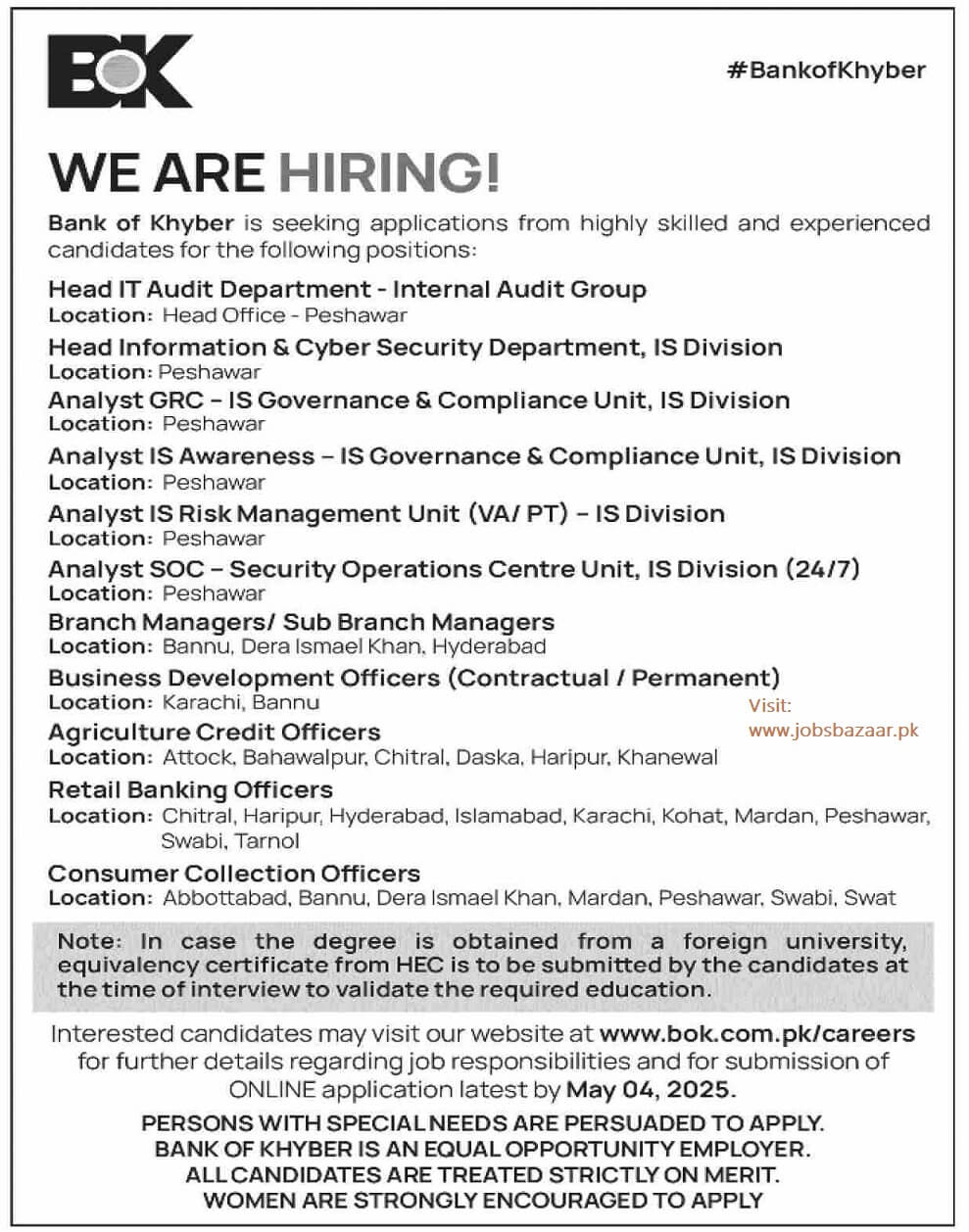 THE BANK OF KHYBER, IT AUDIT, CYBER SECUIRTY & MANAGERS BOK POSITIONS VACANT 04-2025