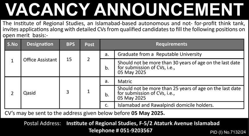 INSTITUTE OF REGIONAL STUDIES ISLAMABAD, ASSISTANT & QASID VACANCIES 04-2025