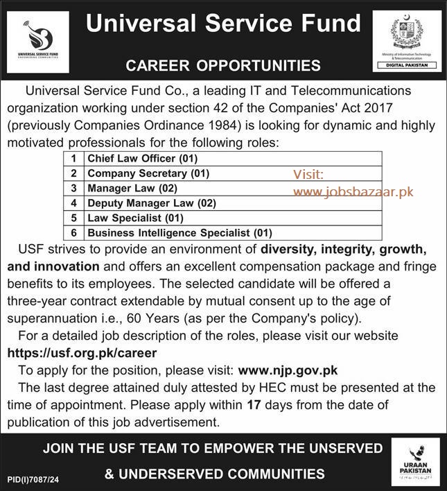 UNIVERSAL SERVICE FUND PAKISTAN | LAW PROFESSIONALS & COMPANY SECRETARY USF VACANCIES 04-2025