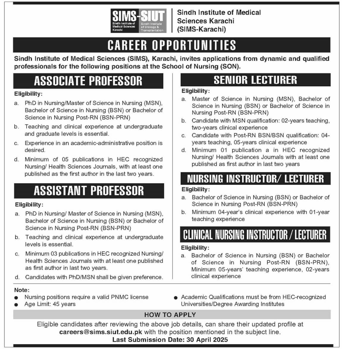 LECTURERS & PROFESSORS POSITIONS AT SCHOOL OF NURSING SINDH INSTITUTE OF MEDICAL SCIENCES, SIMS-KARACHI VACANCIES 04-2025