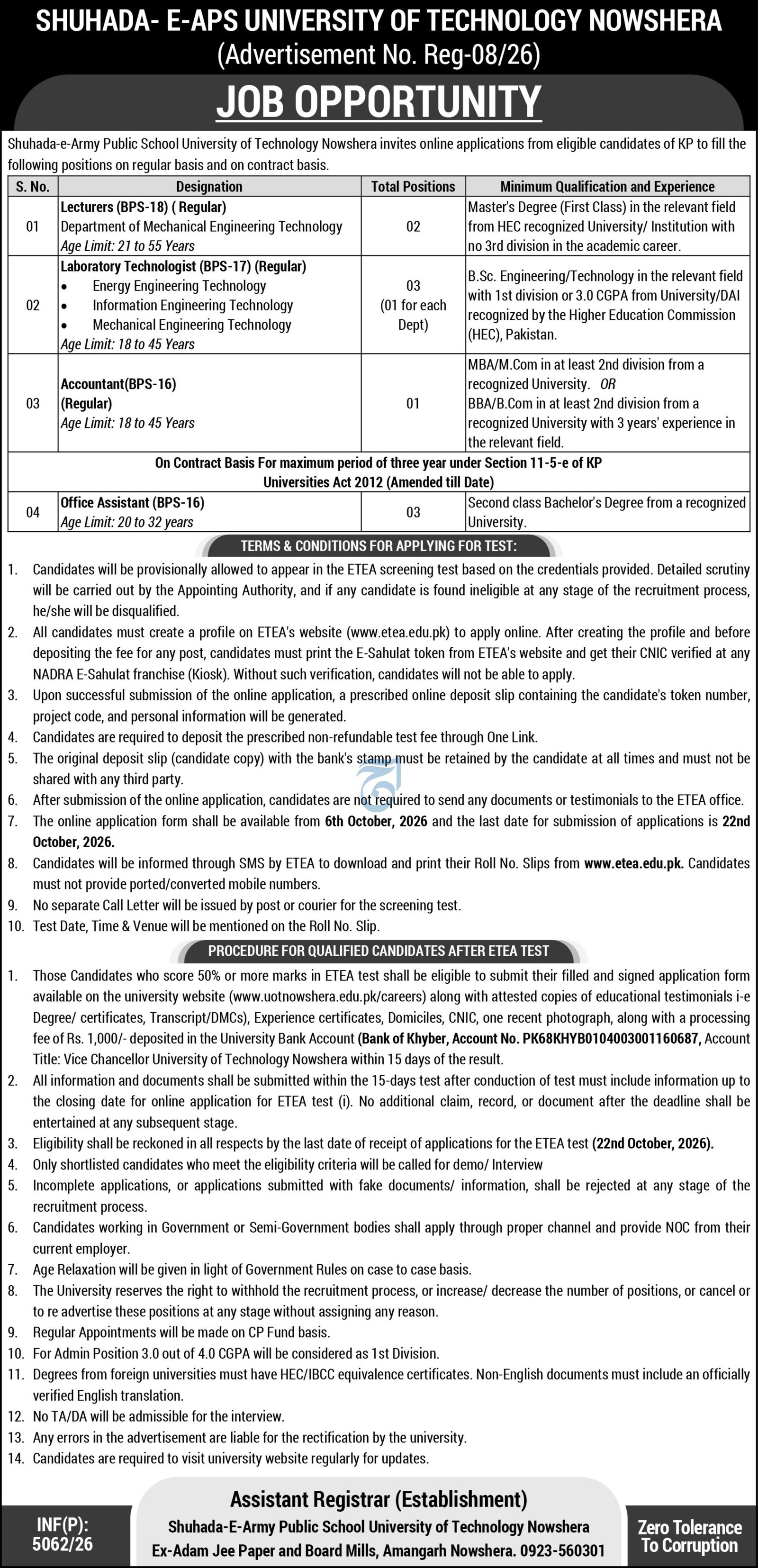University of Technology Nowshera Jobs 2026 – Apply Online for 9 Vacancies